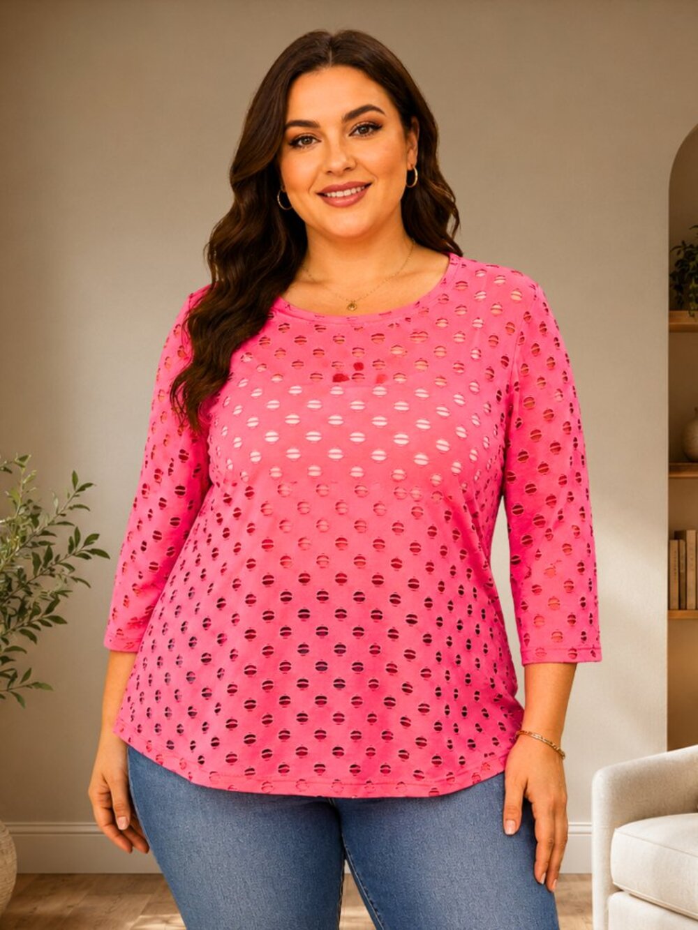 SHEIN Curve 3XL Melon Pink Distressed Cutout Stretch 3/4 Sleeve Top Plus